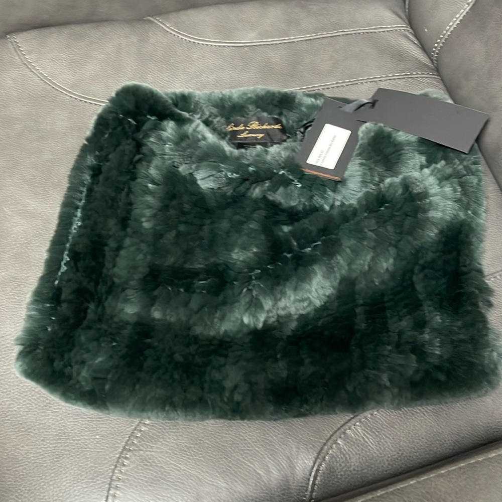 Linda Richards pine green rabbit fur infinity scarf
